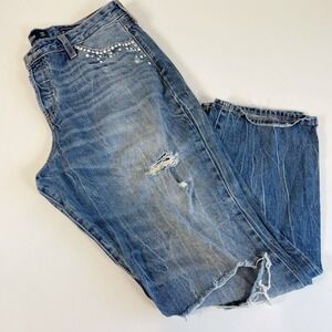 Hollister High Rise Vintage Straight Jeans Womens 31 Blue Rhinestones Distressed